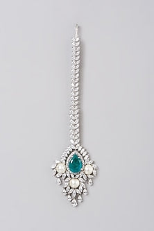 White Rhodium Finish Swarovski Zirconia Maang Tikka In Sterling Silver