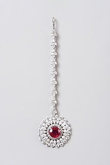 White Rhodium Finish Red Swarovski Zirconia Maang Tikka In Sterling Silver