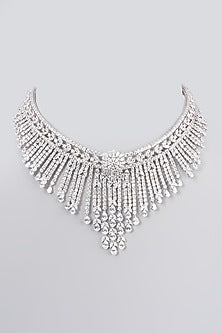 White Rhodium Finish Swarovski Zirconia Bridal Choker Necklace In Sterling Silver