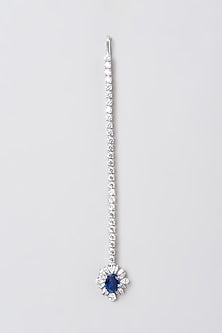 White Rhodium Finish Blue Swarovski Zirconia Maang Tikka In Sterling Silver