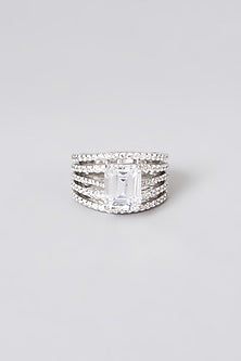 White Rhodium Finish Swarovski Zirconia Emerald-Cut Ring In Sterling Silver