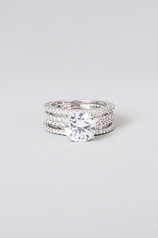 White Rhodium Finish Swarovski Zirconia Round-Cut Ring In Sterling Silver