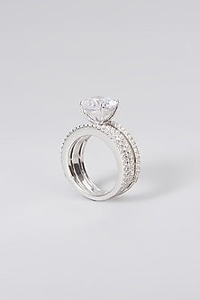 White Rhodium Finish Swarovski Zirconia Round-Cut Ring In Sterling Silver