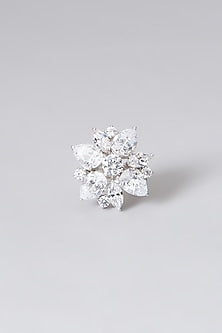 White Rhodium Finish Swarovski Zirconia Floral Ring In Sterling Silver
