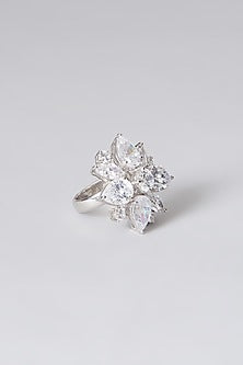 White Rhodium Finish Swarovski Zirconia Floral Ring In Sterling Silver