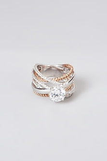 White Rhodium Finish Swarovski Zirconia Round Ring In Sterling Silver