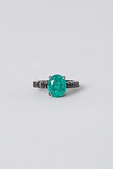 Black Rhodium Finish Green Swarovski Zirconia Ring In Sterling Silver