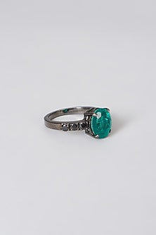 Black Rhodium Finish Green Swarovski Zirconia Ring In Sterling Silver