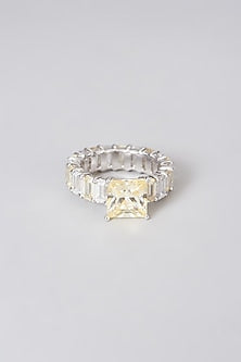 White Rhodium Finish Yellow Swarovski Zirconia Ring In Sterling Silver
