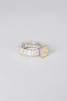 White Rhodium Finish Yellow Swarovski Zirconia Ring In Sterling Silver