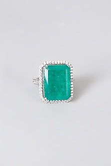White Rhodium Finish Green Emerald Ring In Sterling Silver