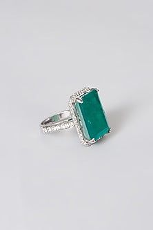 White Rhodium Finish Green Emerald Ring In Sterling Silver