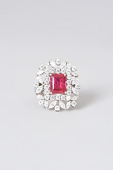 Black Rhodium Finish Red Swarovski Zirconia Emerald-Cut Ring In Sterling Silver