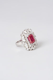 Black Rhodium Finish Red Swarovski Zirconia Emerald-Cut Ring In Sterling Silver