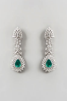 White Finish Green Stone Earrings In Sterling Silver