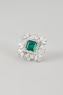 White Finish Emerald Synthetic Stone & Swarovski Zircon Ring In Sterling Silver