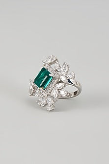 White Finish Emerald Synthetic Stone & Swarovski Zircon Ring In Sterling Silver