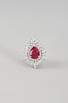 White Finish Ruby Synthetic Stone & Swarovski Zircon Ring In Sterling Silver