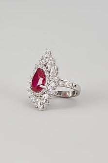 White Finish Ruby Synthetic Stone & Swarovski Zircon Ring In Sterling Silver