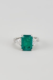 White Finish Emerald Synthetic Stone & Swarovski Zircon Ring In Sterling Silver