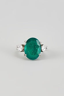 White Finish Emerald Synthetic Stone & Swarovski Zircon Ring In Sterling Silver