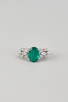 White Finish Emerald Synthetic Stone & Swarovski Zircon Ring In Sterling Silver