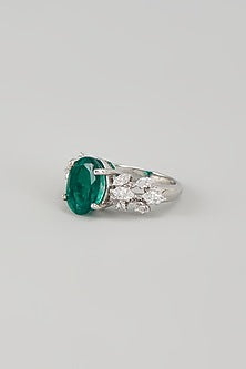 White Finish Emerald Synthetic Stone & Swarovski Zircon Ring In Sterling Silver