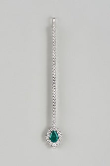 White Finish Emerald Synthetic Stone & Swarovski Zircon Maangtikka In Sterling Silver