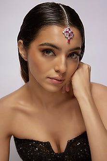 White Finish Ruby Synthetic Stone & Swarovski Zircon Maangtikka In Sterling Silver