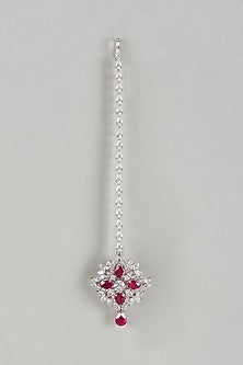 White Finish Ruby Synthetic Stone & Swarovski Zircon Maangtikka In Sterling Silver
