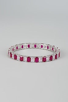 White Finish Ruby Synthetic Stone & Swarovski Zircon Bangle In Sterling Silver