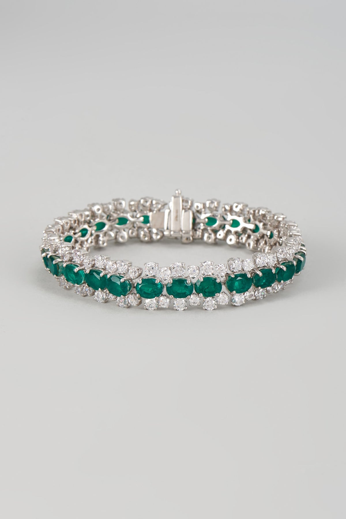 White Finish Emerald Synthetic Stone & Swarovski Zircon Bracelet In Sterling Silver