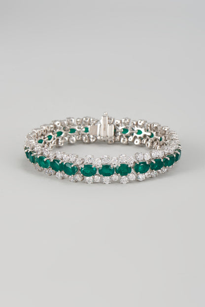 White Finish Emerald Synthetic Stone & Swarovski Zircon Bracelet In Sterling Silver
