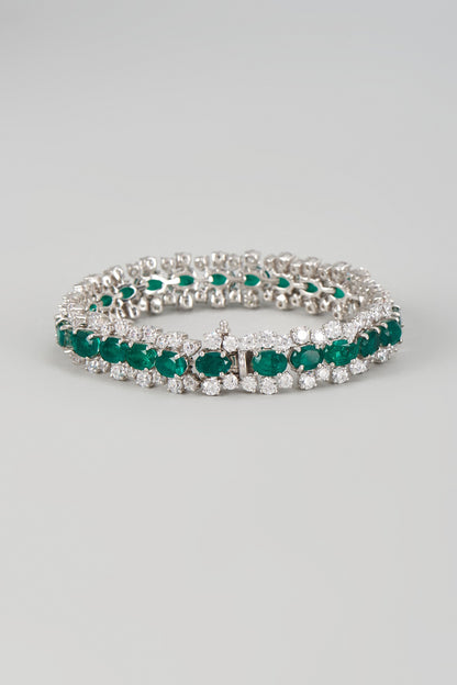 White Finish Emerald Synthetic Stone & Swarovski Zircon Bracelet In Sterling Silver