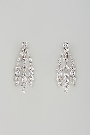 White Finish Swarovski Zircon Dangler Earrings In Sterling Silver