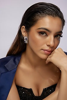 White Finish Sapphire Synthetic Stone & Swarovski Zircon Dangler Earrings In Sterling Silver
