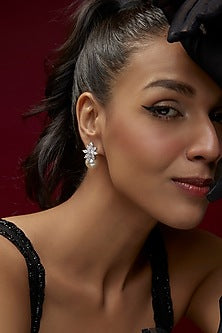 White Finish Swarovski Zircon & Pearl Dangler Earrings In Sterling Silver