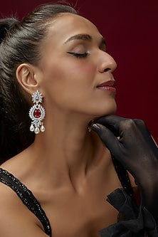 White Finish Ruby Synthetic Stone & Swarovski Zircon Dangler Earrings In Sterling Silver