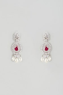 White Finish Ruby Synthetic Stone & Swarovski Zircon Dangler Earrings In Sterling Silver