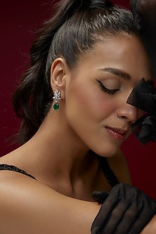 White Finish Emerald Synthetic Stone & Swarovski Zircon Dangler Earrings In Sterling Silver