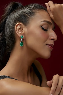 White Finish Emerald Synthetic Stone & Swarovski Zircon Dangler Earrings In Sterling Silver