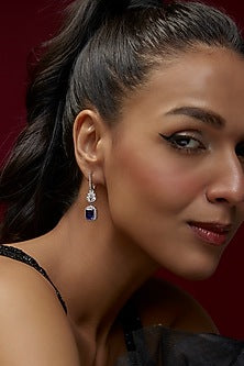 White Finish Sapphire Synthetic Stone & Swarovski Zircon Dangler Earrings In Sterling Silver