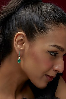 White Finish Emerald Synthetic Stone & Swarovski Zircon Dangler Earrings In Sterling Silver
