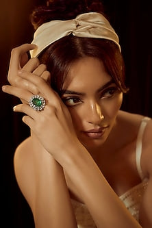 White Finish Swarovski Zirconia & Synthetic Green Stone Ring In Sterling Silver