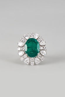 White Finish Swarovski Zirconia & Synthetic Green Stone Ring In Sterling Silver