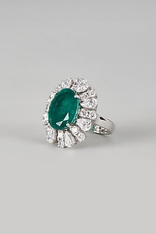 White Finish Swarovski Zirconia & Synthetic Green Stone Ring In Sterling Silver
