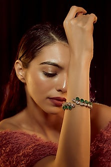 White Finish Green Crystal & Swarovski Zirconia Bangle In Sterling Silver
