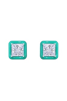 White Finish Princess-Cut Swarovski Zirconia Enameled Stud Earrings In Sterling Silver