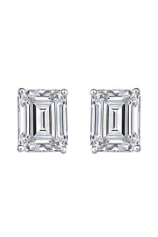White Finish Emerald-Cut Swarovski Zirconia Solitaire Stud Earrings In Sterling Silver