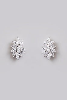 White Finish White Stone Stud Earrings In Sterling Silver